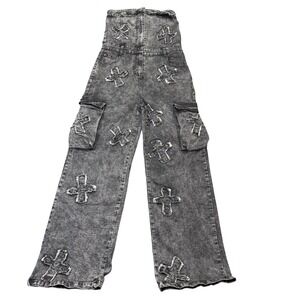 Kréamy Denim Jumpsuit Women Large Strapless Cargo Acid Wash Cross Patch Y2K Grey